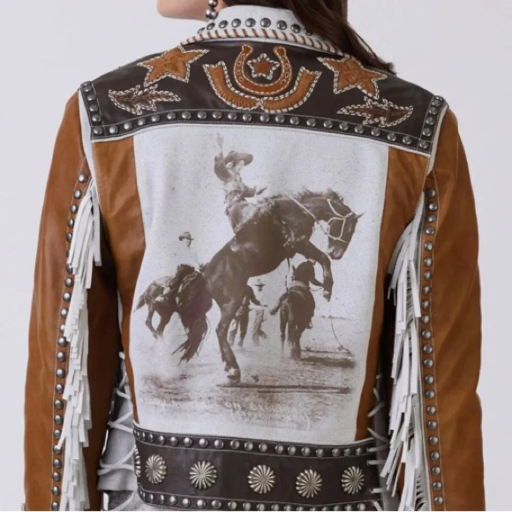 Double D Ranch Leather fringe Jacket studded bucking horse cowgirl RTL $1395 NWT - Picture 11 of 15